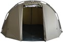 Bruine tent met open voordeur en zwart grondzeil.