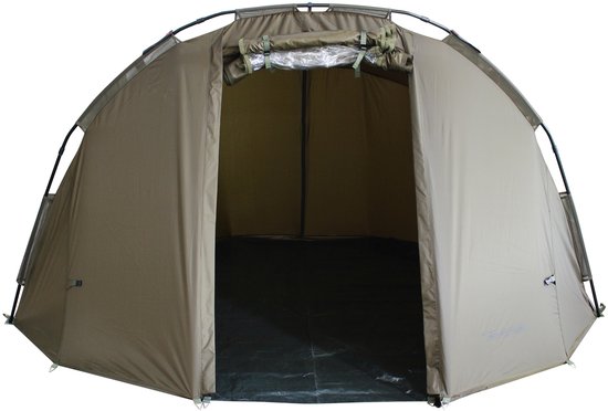 Bruine tent met open voordeur en zwart grondzeil.