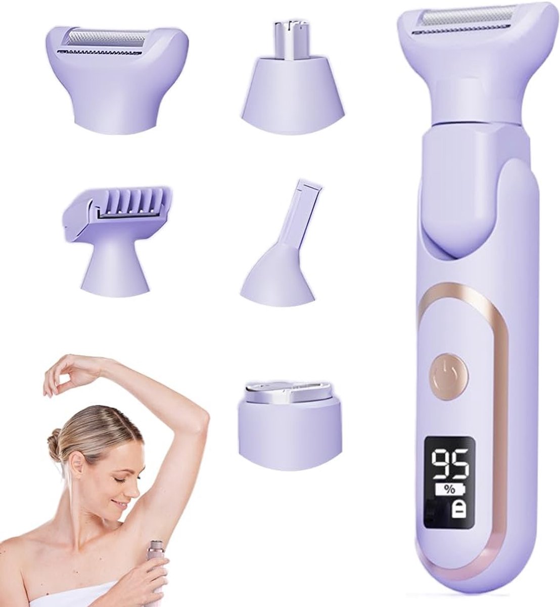 Elektrische scheerapparaat, nieuwe 5-in-1 dames lichaam scheerapparaat 2025, dames en heren elektrische scheerapparaat met LED display, waterdichte elektrische trimmer (5-in-1 paars model)