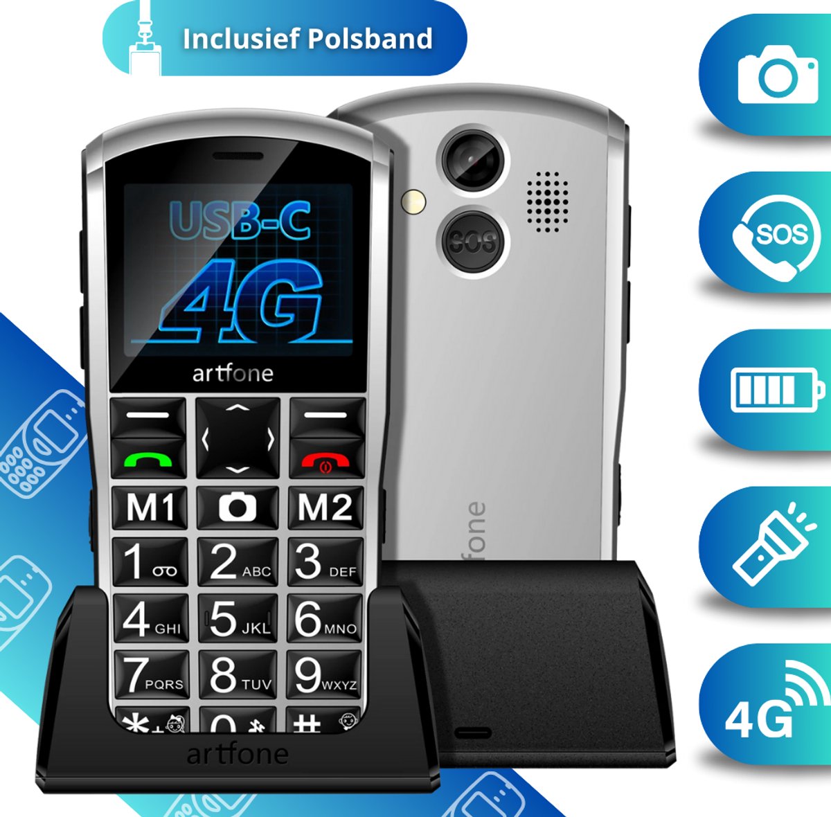 Artfone A400 4G Senioren Telefoon – Met Plosband - Grote Toetsen – SOS Noodknop – Oplaadstation – Simlockvrij – Geschikt voor ouderen - 128MB