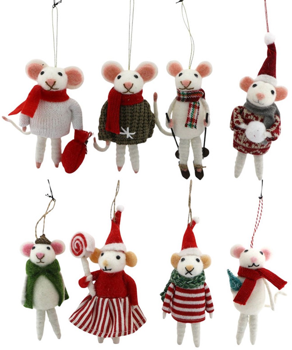 Kerstornament - Home Society - Kerstmuizen - Set van 8 stuks - Rood/groen/wit