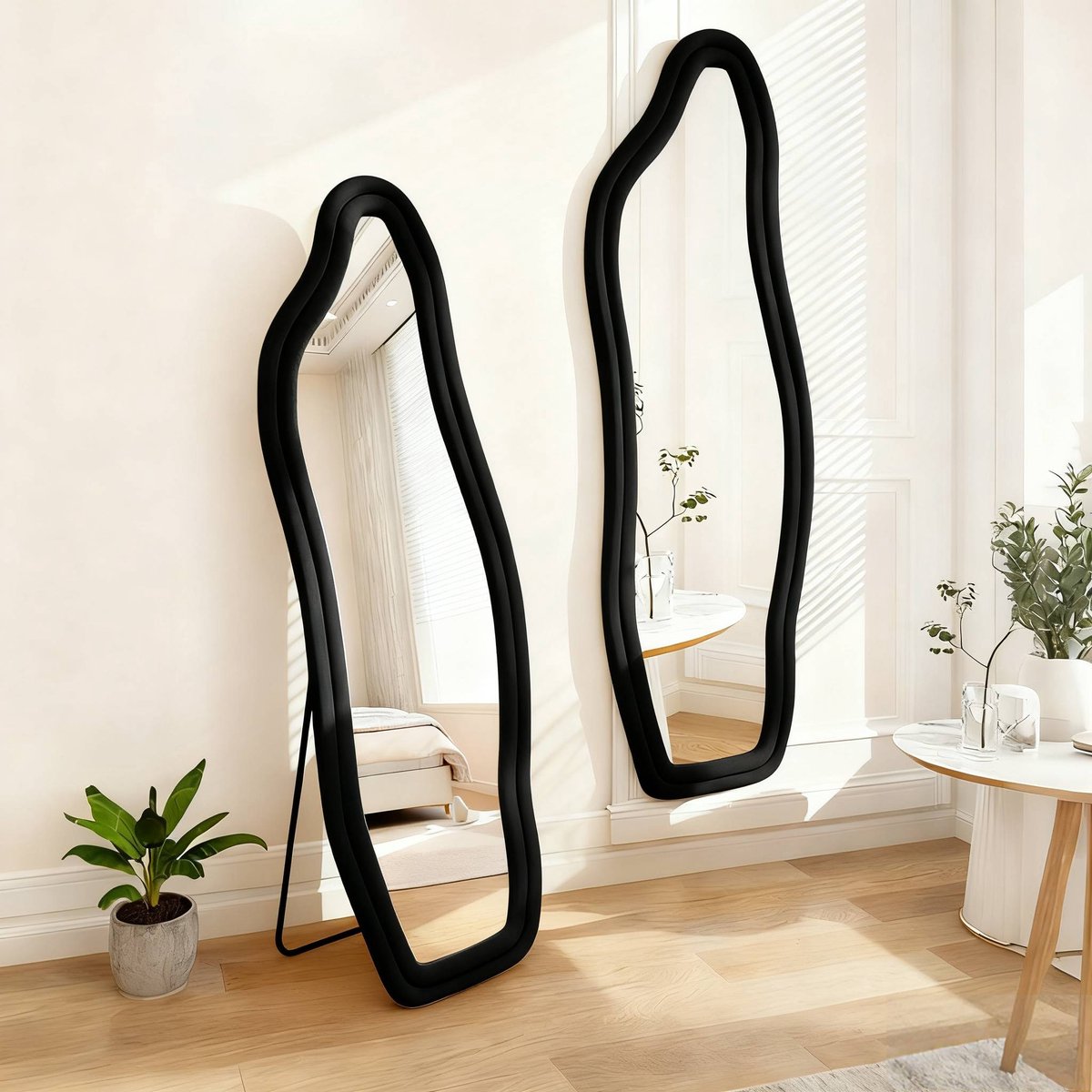 Onregelmatig Passpiegel 160x50 cm – Grote wandspiegel met Veloursrandspiegel, Multifunctionele (Opstaan/Wandhangen/Aanleunen), Designspiegel voor Dressing/Woonkamer/Slaapkamer, Zwart