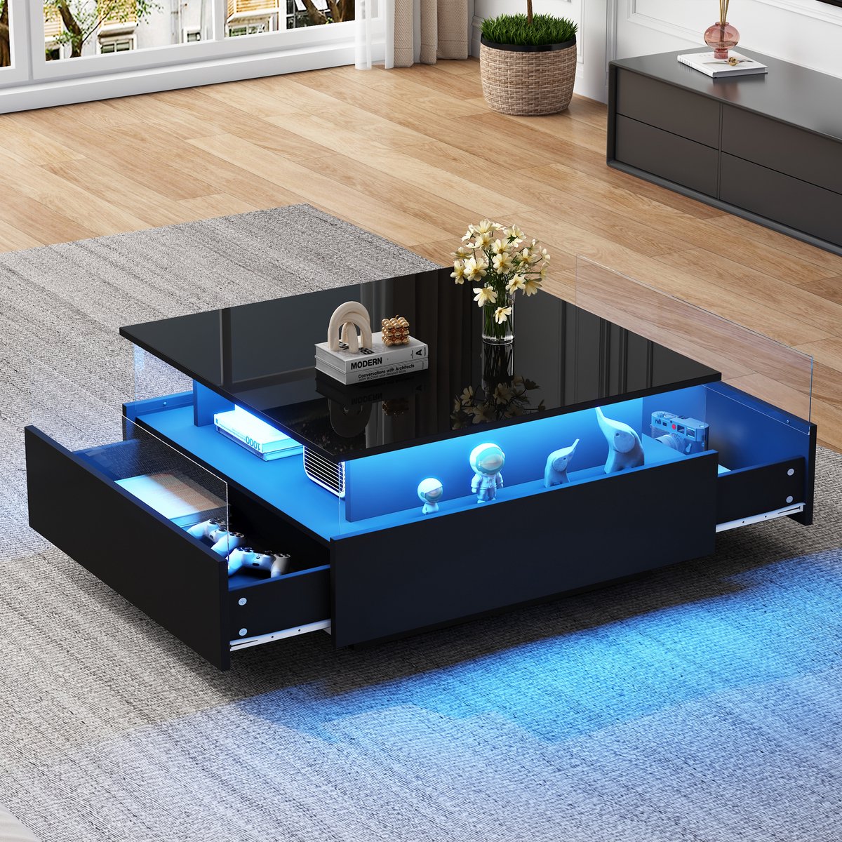 Wishdor Hoogglans LED-couchtisch 70x70x41 cm – Zwart, 2 lades & transparant presentatiegedeelte, robuust tot 30 kg