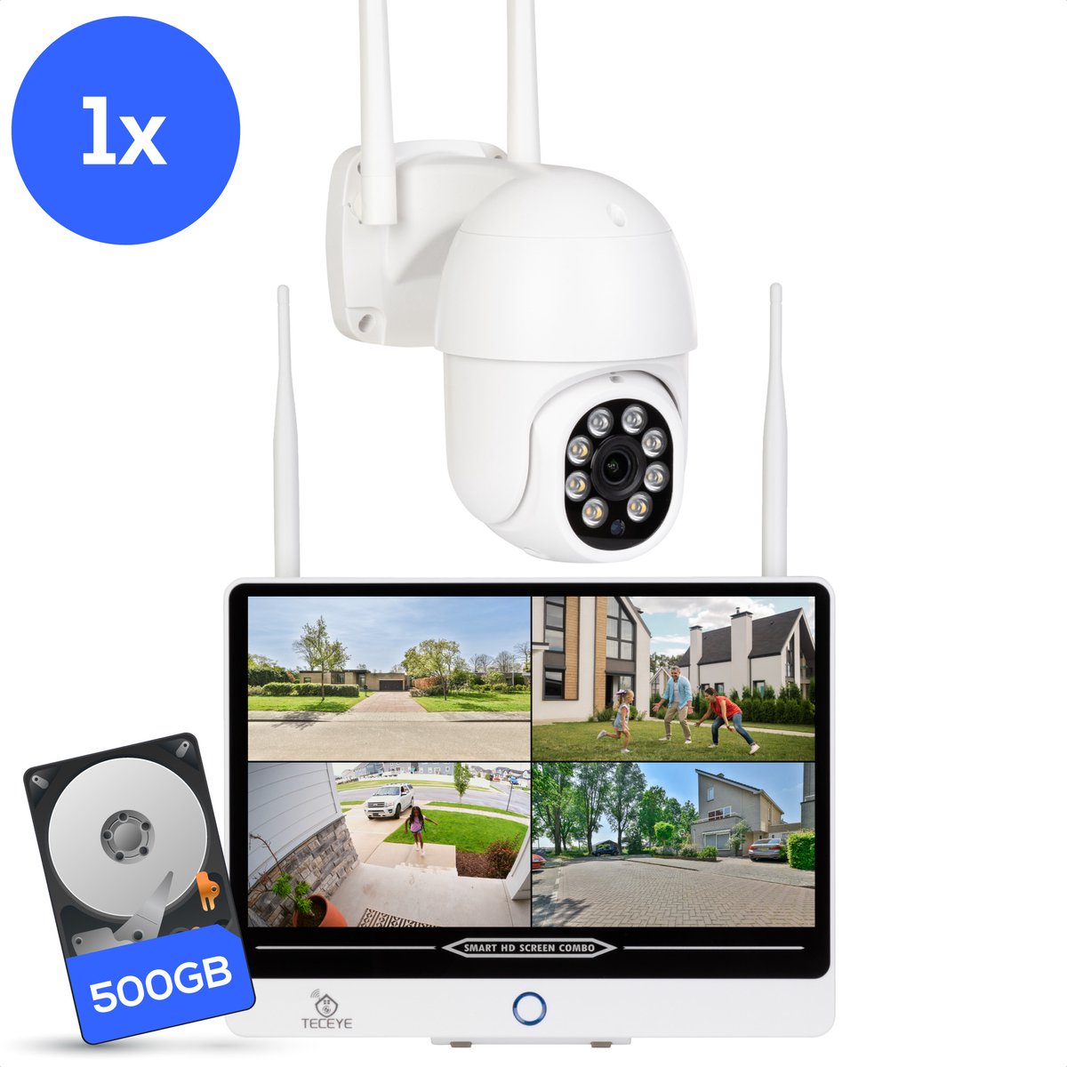 Teceye PTZ Beveiligingscamera Buiten met Monitor - Draadloze Buitencamera - 1 Camera - 500GB Opslag
