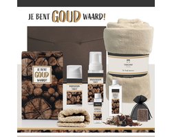 Geschenkset "Je bent goud waard!" - 7 Producten - 1400 Gram - Triomf Cosmetica | Cadeau Man Luxe Cadeaubox voor hem Cadeaupakket Fleece deken Bedankt Cadeau Kerst Verjaardag Vaderdag Vrijwilliger Vriend Collega Vader Trainer Kerstpakket Crème