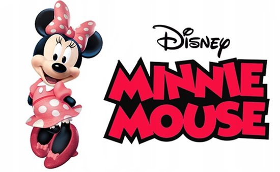 Disney Minnie Mouse logo met afbeelding van Minnie in roze polkadot jurk.