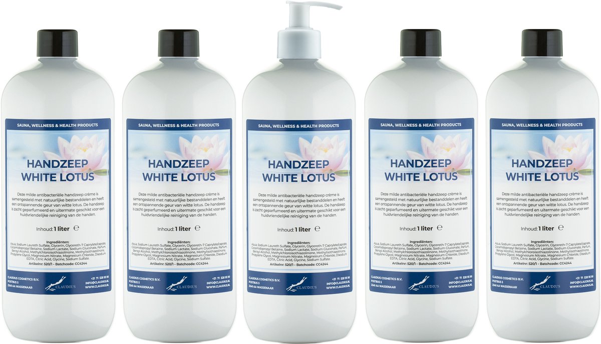 Handzeep White Lotus 1 liter - set van 5 stuks - met gratis pomp - Voordeelverpakking