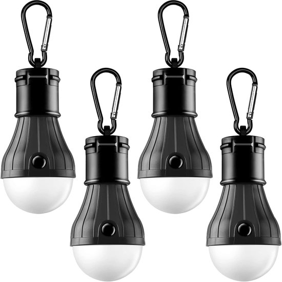 4 stuks - Draagbare LED-tentlamp - Waterdichte kampeerlamp - Noodverlichting met karabijnhaak - Met haak - Op batterijen - ABS-materiaal - Geschikt voor wandelen, feesten, kamperen, vissen - Zwart