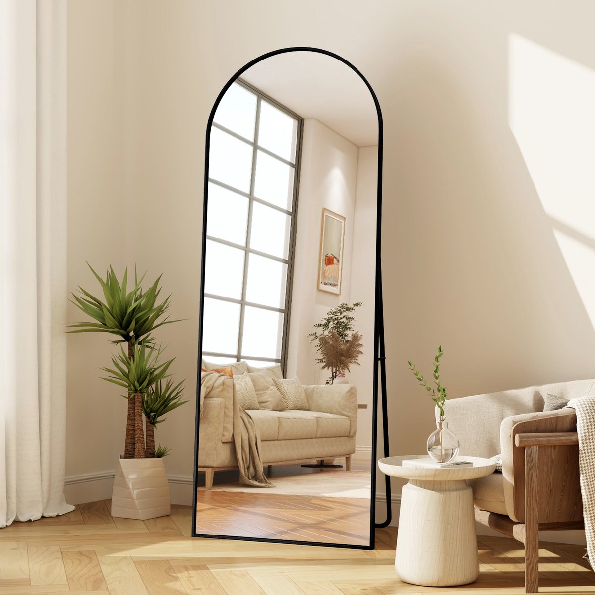 Passpiegel 173x63 cm - Grote wandspiegel met multifunctionele aluminium lijst (hangend/zittend/staand), Passpiegel voor badkamer, slaapkamer, hal of woonkamer, Zwart Halfrond