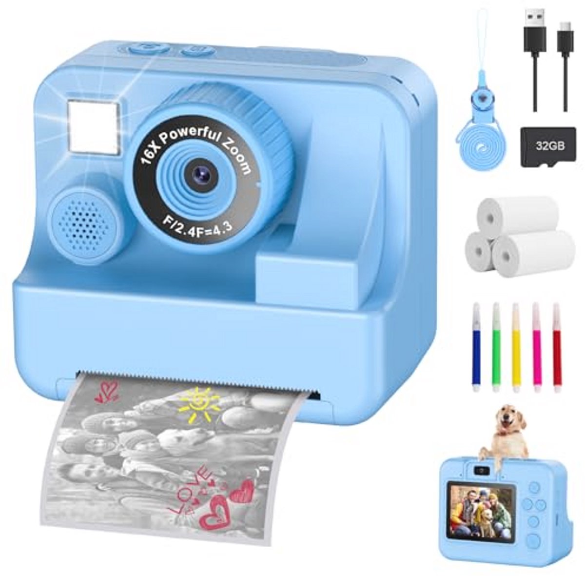 Instant camera voor kinderen - 1080p met 32 GB kaart en printpapier - Geschikt voor jongens en meisjes van 3-12 jaar