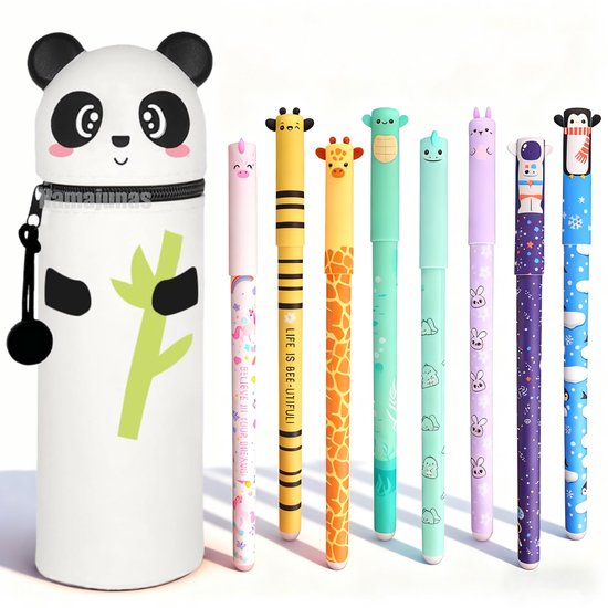 Namajunas - Uitwisbare pennen 8 kleuren - Gelpennen met siliconen etui - Panda Pennenzak - 0,6 mm Cartoon Patroon Dierenpen voor Schoolspullen van Kinderen of Kantoorbenodigdheden voor Volwassenen - Cadeauset - Niet geschikt voor legami vulling