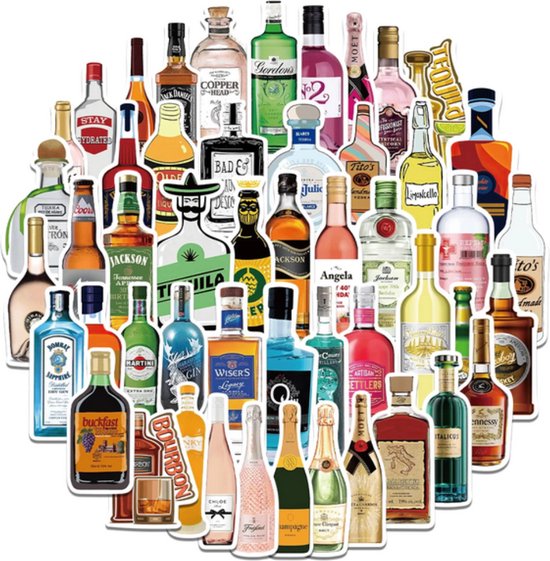 50 autocollants amusants pour alcool/vin/bière - Mélange d'autocollants pour ordinateur portable, mur, vélo, skateboard, koelkast , etc.