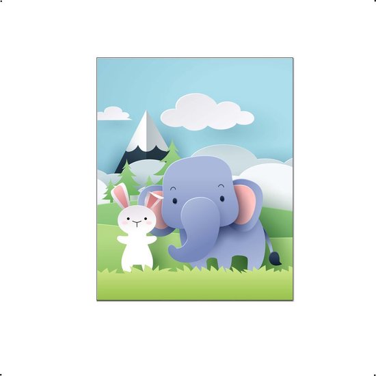 PosterDump - Olifant en konijn dieren van papier - Baby / kinderkamer poster - dieren poster - 70x50cm