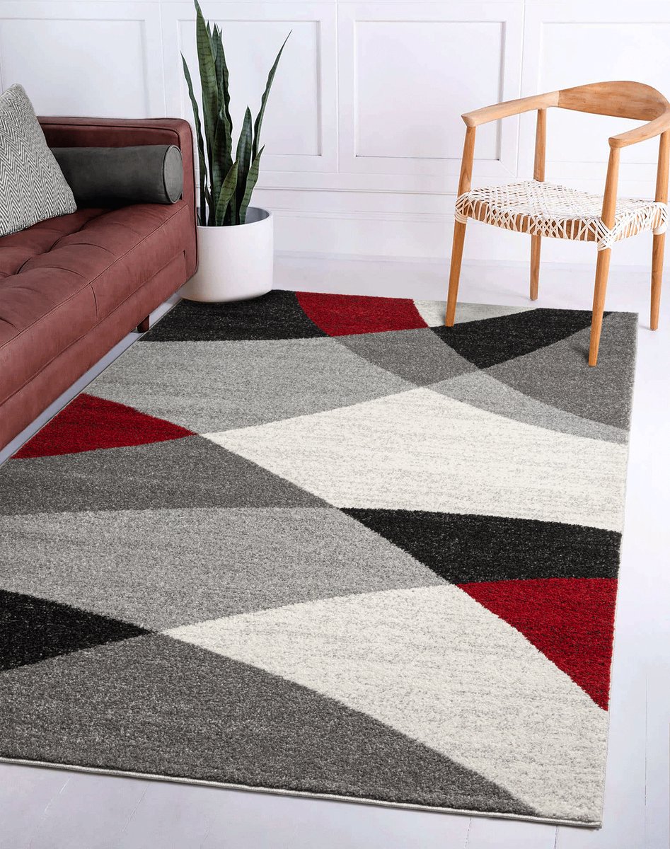 flycarpets Belos Vloerkleed Modern - Rood / Grijs / Crème - Laagpolig Tapijt - 200x280 cm