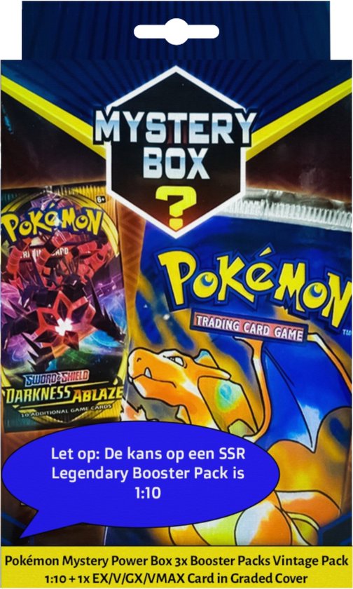 Afbeelding van het spel Pokémon Mystery Power Box 3x Booster Packs Vintage Pack 1:10 + 1x EX/V/GX/VMAX Card in Graded Cover