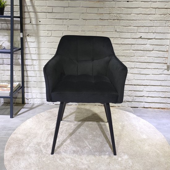 HTfurniture-Chaise de salle à manger Cruz-velours noir-avec accoudoir-pieds noirs