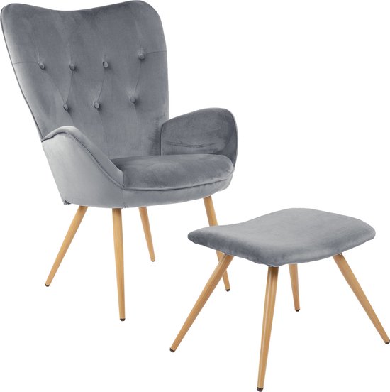 Albatros Wing Chair met Krukje York - Vintage u Stijlvol, Fluwelen Bekleding - Elegante en SGS Goedgekeurde Leesstoel of Relaxstoel met Krukje in Moderne Look