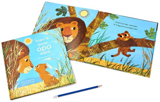 Open boek met illustratie van leeuw en welp, naast een boek met illustratie van leeuw en welp. Potlood.