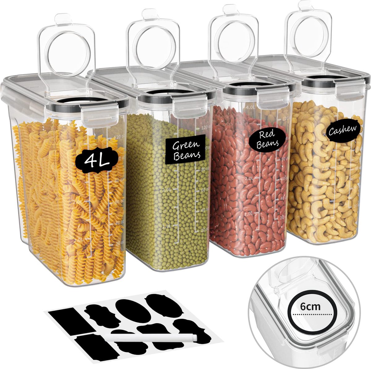Luchtdichte voedselcontainers, 4 stuks 4 Liter kunststof container met deksel, voedselcontainer voor granen, muesli, meel, cornflakes