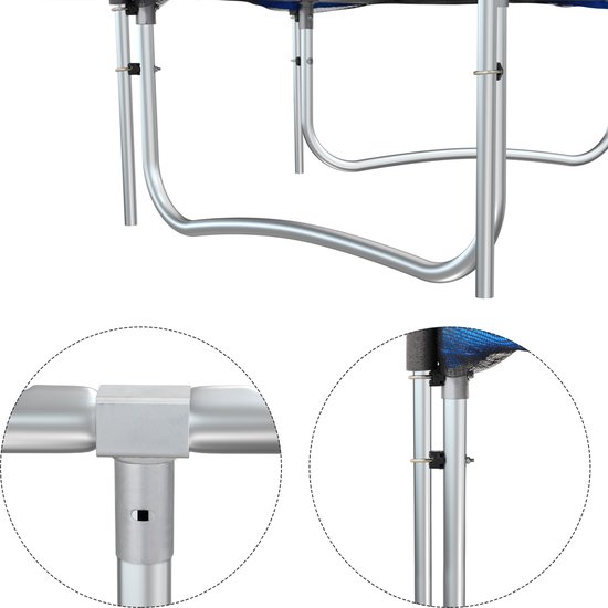 Gedetailleerde montage van de Monzana trampoline, metalen frame en poten.