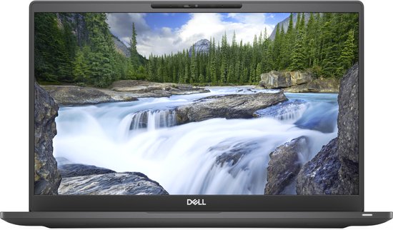 Zwarte Dell Latitude laptop met een waterval op het scherm.