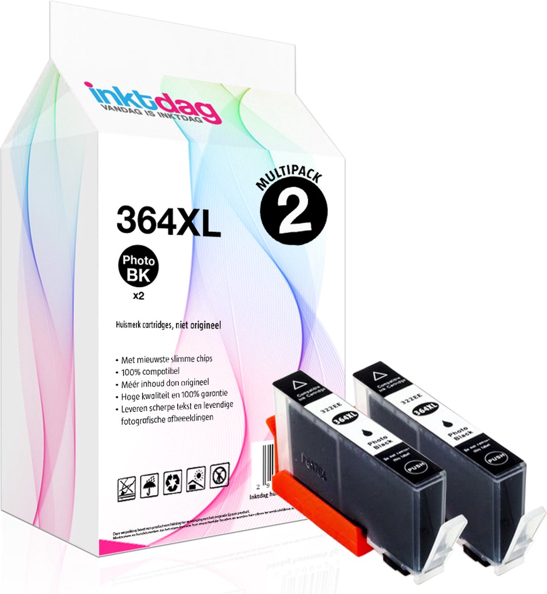 Inktdag inktcartridge voor HP364XL photo black, hp364 photo zwart inktcartridges multipack van 2 stuks voor HP Photosmart 5510 ,5514, 5515 ,5522 ,5524 ,5525 ,6510 ,6520 ,6525 ,7510, 7520 ,B109n , B110 ,B209a ,B210, B8550 ,C5380 ,C6380 ,D5460