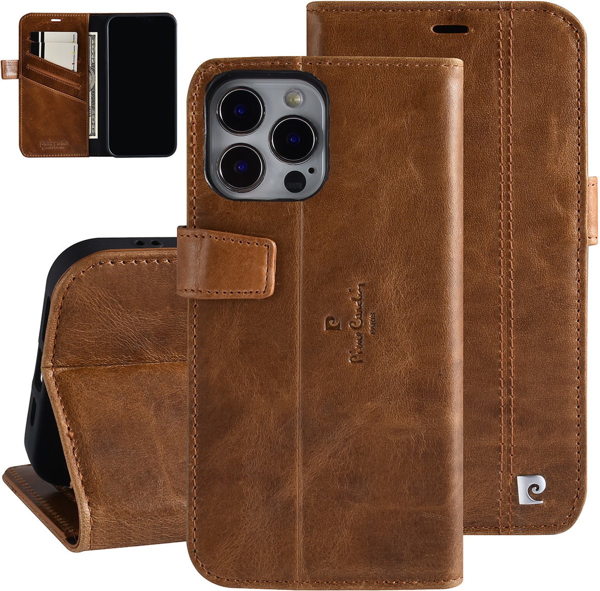 Pierre Cardin hoesje voor iPhone 13 Pro Max - Book Case hoesje - Pasjeshouder voor 3 pasjes - Magneetsluiting - Bruin
