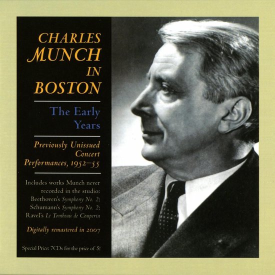 Portret van Charles Munch in profiel, met tekst "Charles Munch in Boston: The Early Years".