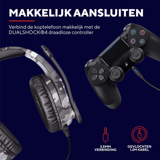Grijze gaming headset met camouflagepatroon, aangesloten op een zwarte DUALSHOCK®4 controller via een 3.5mm kabel.