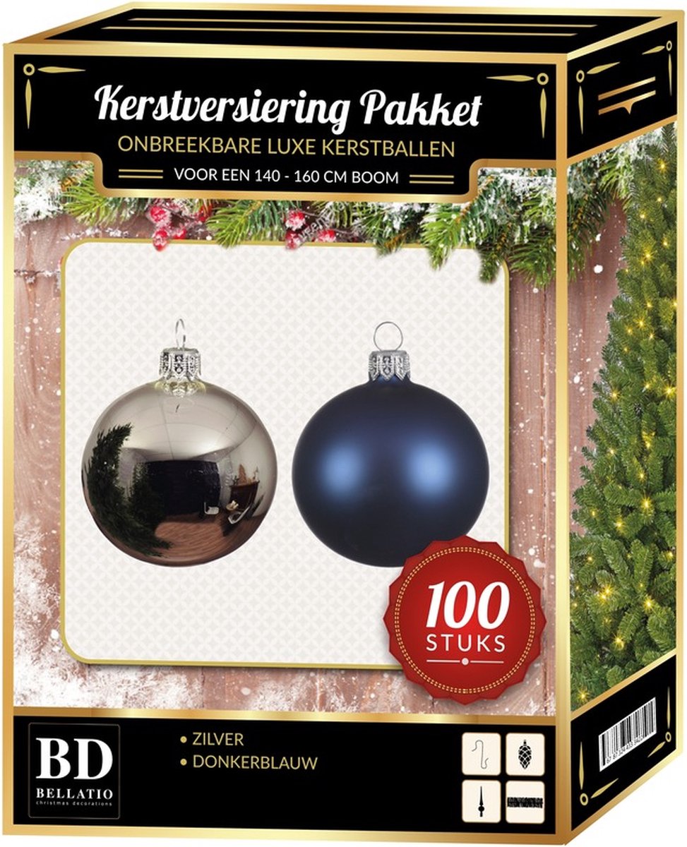 Luxe Kerstboomversiering set 100-delig voor 150 cm boom - Zilver en donkerblauw - Kerstversiering