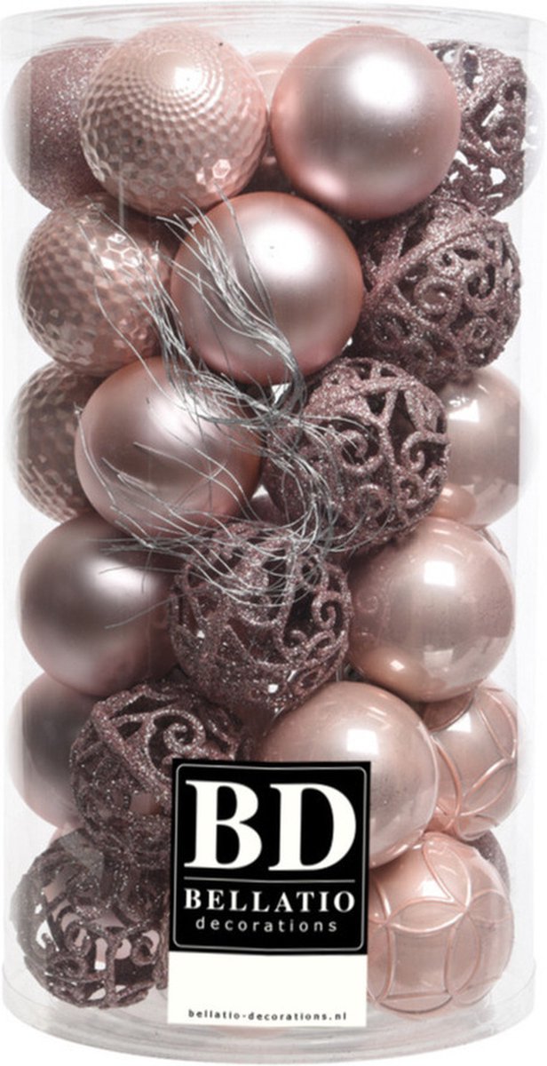 37x stuks kunststof kerstballen lichtroze 6 cm inclusief kerstbalhaakjes - Kerstversiering - onbreekbare kerstballen