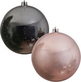 2x stuks grote kerstballen van 20 cm glans van kunststof roze en zilver - Kerstversiering
