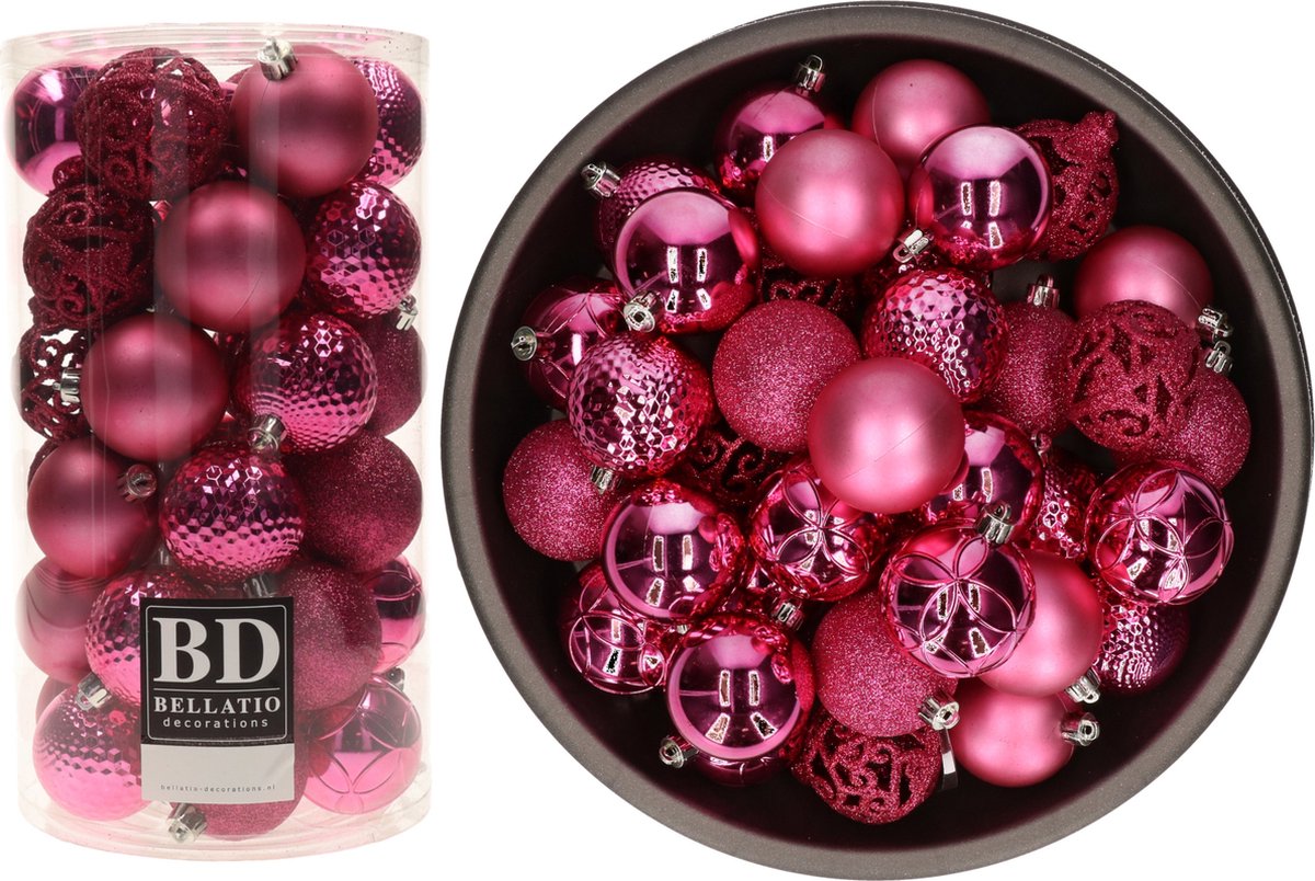 Bellatio Decorations Kerstballen mix - 74-delig - fuchsia roze - flashing pink - 6 cm - kunststof