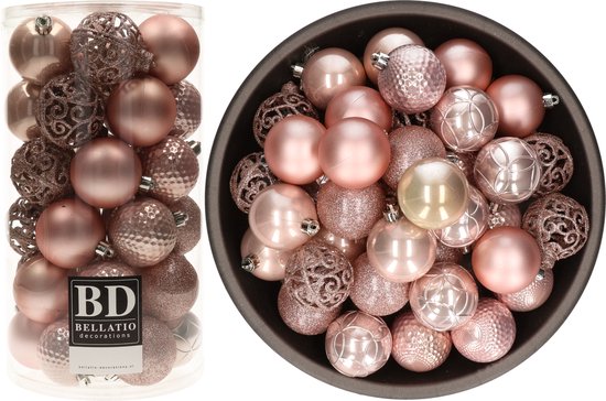 74x stuks kunststof/plastic kerstballen lichtroze (blush pink) 6 cm mix - Onbreekbaar - Kerstboomversiering/kerstversiering