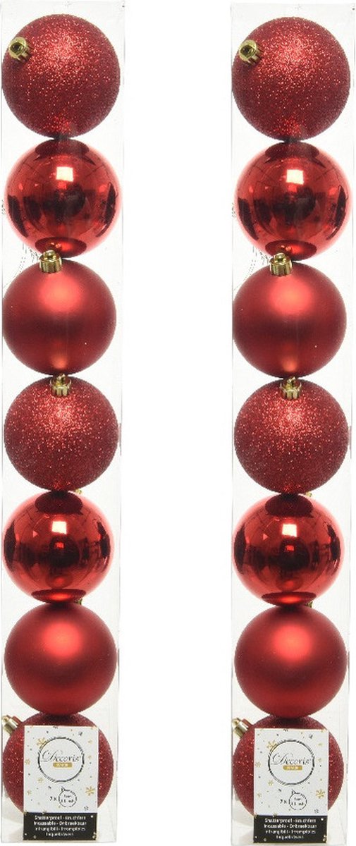 Decoris 14x kunststof kerstballen rood - 8 cm - glans mat glitter - onbreekbaar - mix - kerstversiering