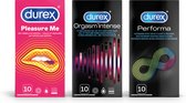 Durex - 30 stuks Condooms - Pleasure Me 10 stuks met ribbels - Orgasm Intense Stimulerende Gel 10 stuks - Performa 10 stuks vertragende effect - Voordeelverpakking