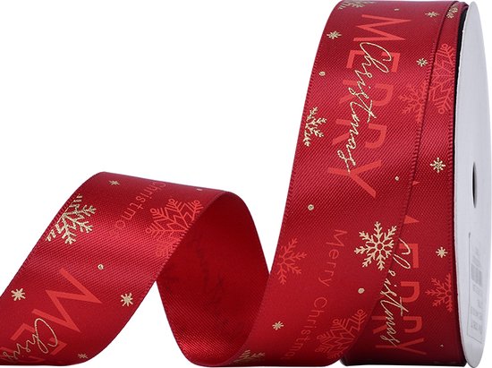 Foto: Kerst lint merry christmas sneeuwvlok 25mm 2 5cm luxe dubbelzijdig satijnlint rood goud glans metallic kerstlint donker rood 260 lint cadeaulint decoratielint rol 10 meter