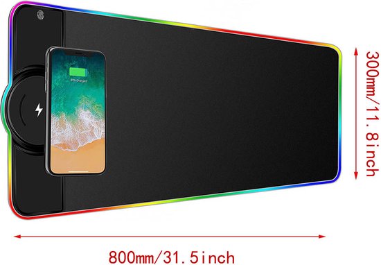 Muismat XXL RGB, gaming muismat led, grote muismat 800 x 300 cm met draadloze oplader, gaming mat met Qi laadstation voor mobiele telefoon, hoofdtelefoon en meer, intelligente aanpassing 10W / 7,5W