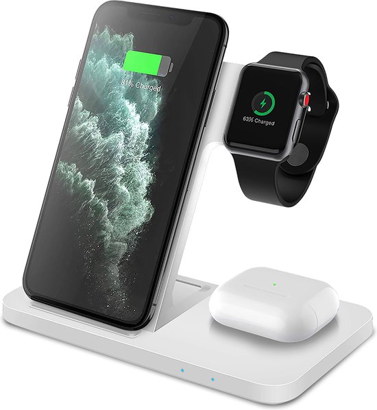 Chéroy 3-in-1 Draadloze Oplader - Wit - 15W Qi Oplaadstation - Geschikt voor MagSafe iPhone, Apple Watch, AirPods - iOS & Android