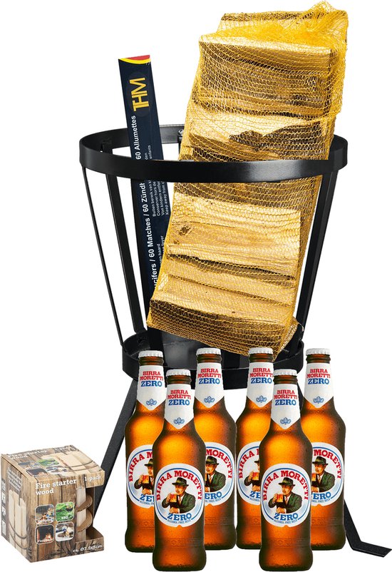 Birra Moretti Zero alcoholvrij bier met vuurkorf en brandhout. Een warm cadeau! - Birra Moretti