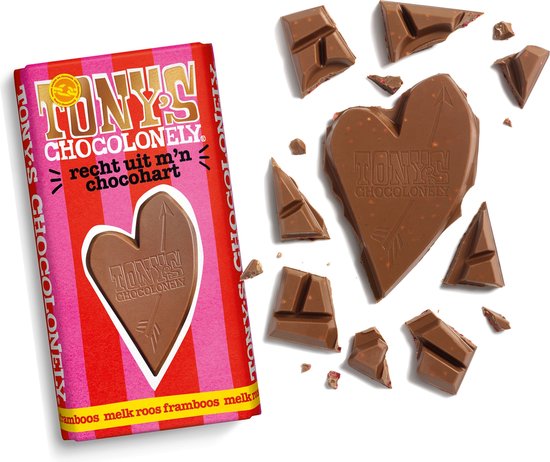 Tony's Chocolonely Melk Roos Framboos Chocoladereep - Chocolade Cadeau voor Man en Vrouw - Reep Chocola Hart - Geschenk 1 x 180 gram