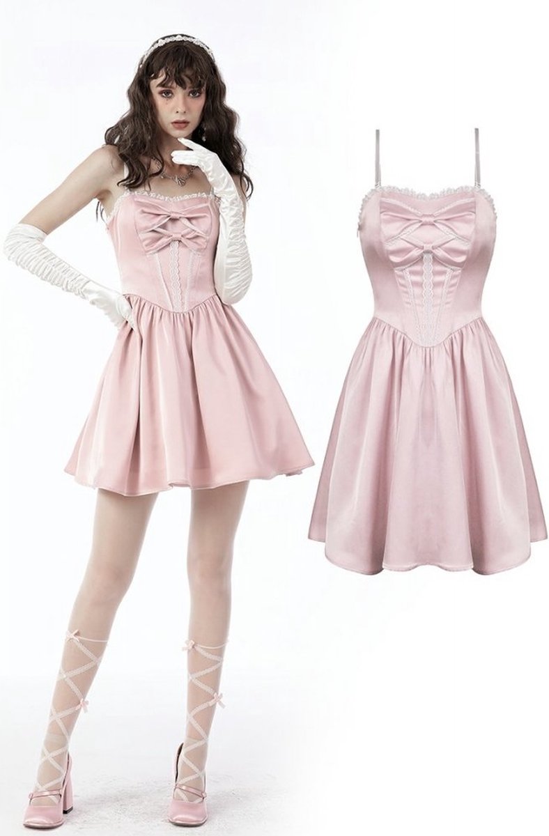 Dark in Love Korte jurk -XS- Pink doll bow knot mini strap Roze