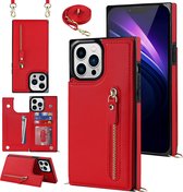 Casemania Hoesje Geschikt voor Apple iPhone 14 Pro Max Rood - Luxe Back Cover met Koord - Wallet Case - Pasjeshouder