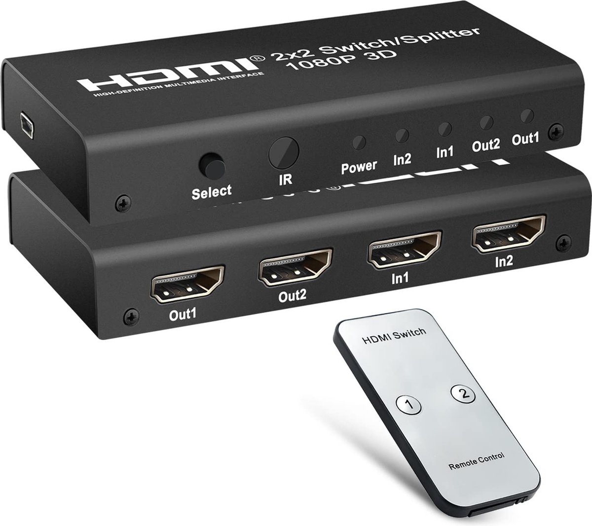 2x2 HDMI-splitter/switcher, HDMI-schakelkast/HDMI-splitter met IR-afstandsbediening en USB-voeding [ondersteuning voor 3D Full HD 1080p HDCP 1.3] voor Apple TV-computer PS3/PS4 MacBook