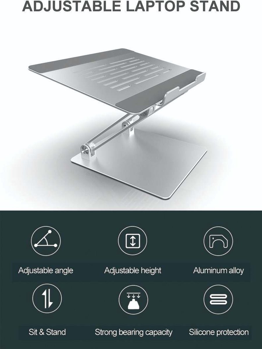 OMAZU Laptop Standaard - Ergonomische Laptop Houder - Inklapbaar en Verstelbaar - tablet houder - Geschikt voor 10 - 17’’ Laptops of Tablets - laptop ventilatie - Alumium Zilver