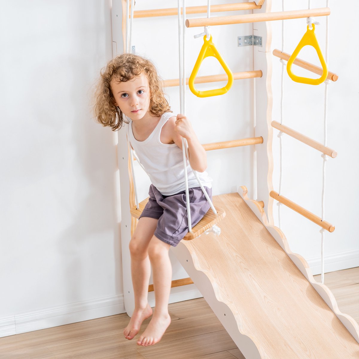 FANTASK Houten klimtoestel, naturel, indoor klimdriehoek, multifunctioneel, met omkeerbare helling, wip, verstelbare klimmer voor kinderen vanaf 3 jaar