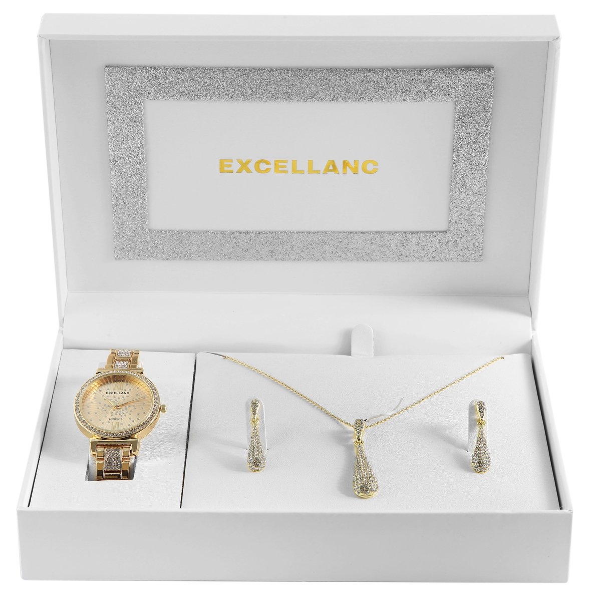 Excellanc dameshorloge geschenkset goudkleurig cadeauset horloge, ketting, oorbellen kerstcadeau