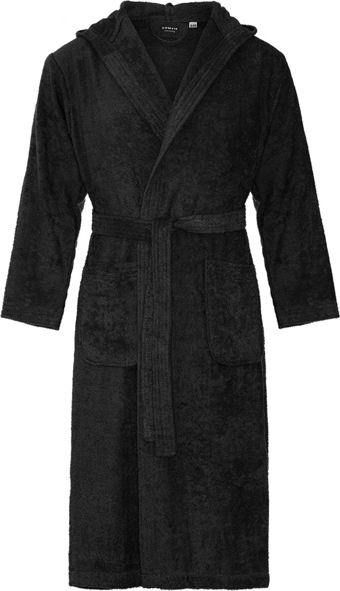 Badstof badjas met capuchon – lang model – unisex – badjas dames – badjas heren – sauna badjas – zwart – S/M