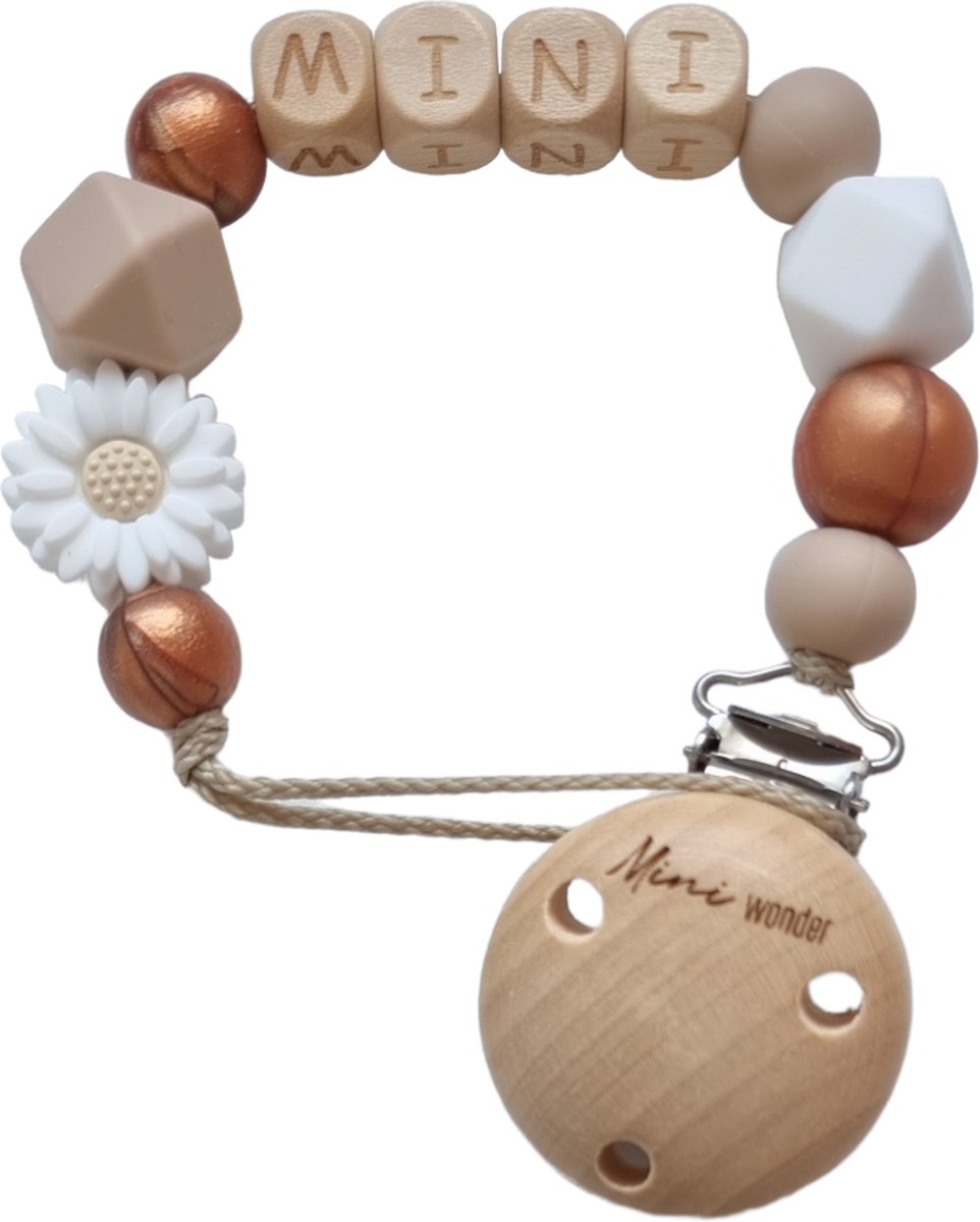 Goedkoopste MINIWONDER speenkoord - Gepersonaliseerd met naam - koper/ wit madeliefje/ hazelnoot