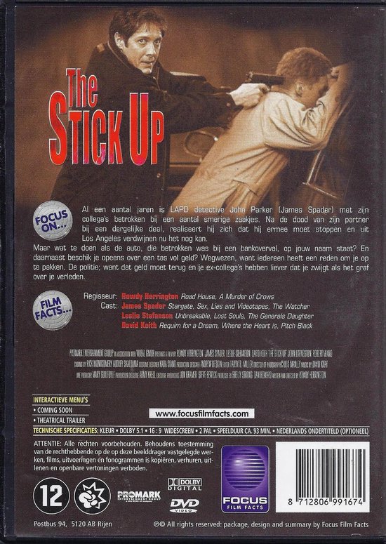 James Spader (links) met een pistool en een andere man (rechts) die een bank berooft. Titel "The Stick Up".